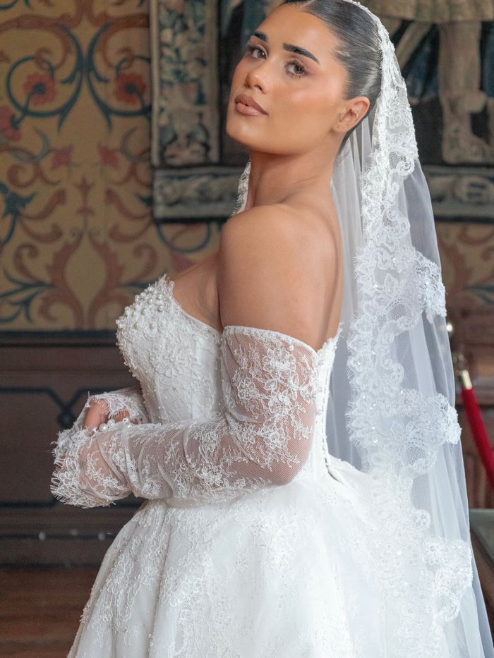 Mariée de dos, dentelle du dos de la robe et voile